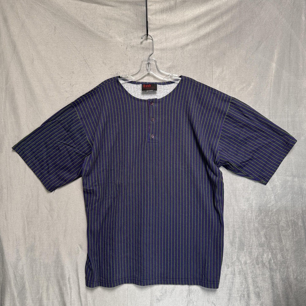 Rush Fashion Shirt Mens Large Blue Striped Henley Short Sleeve Cotton USA